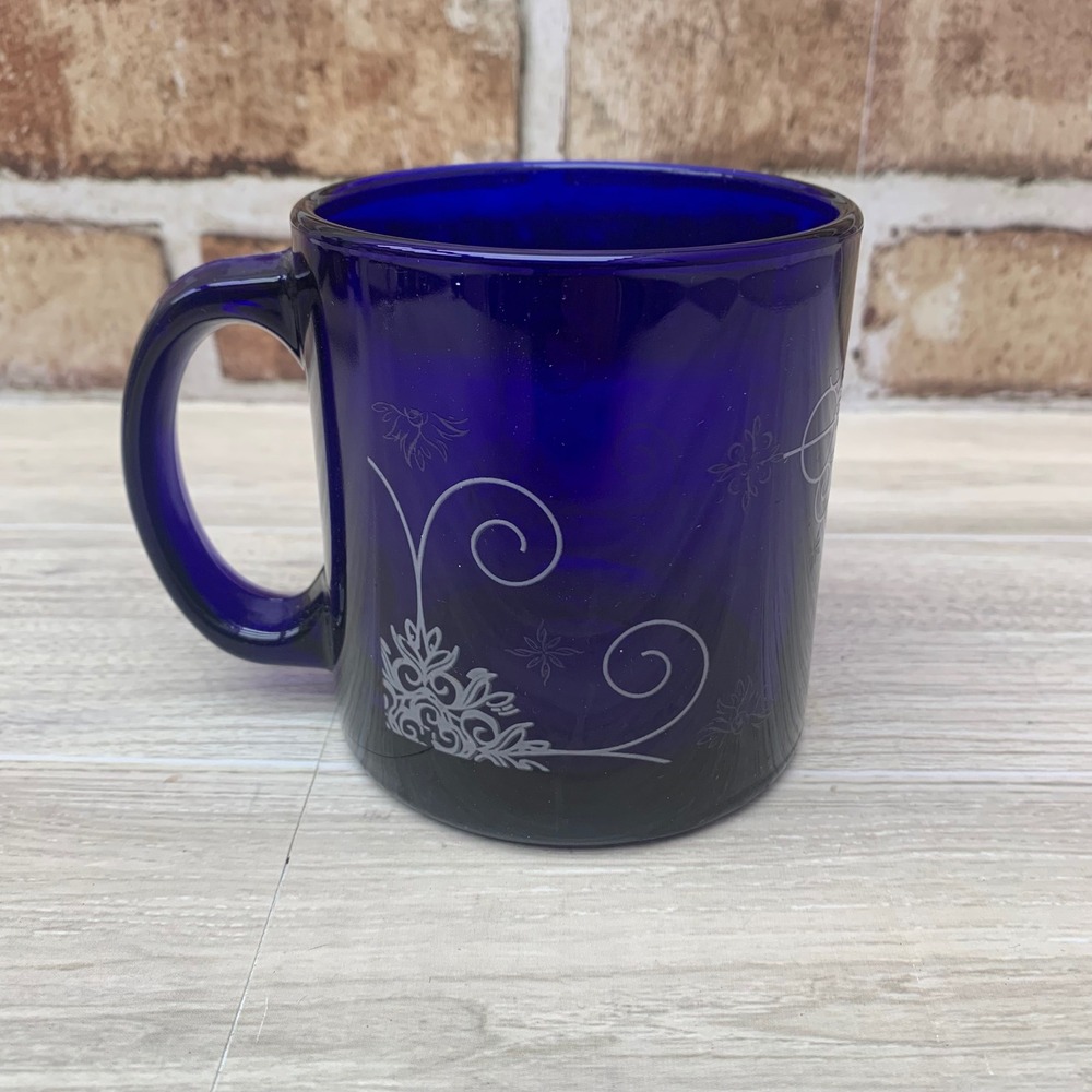 Vintage Cobalt‎ Blue Glass Mug Etched Floral Design Made in USA Coffee Tea Cup